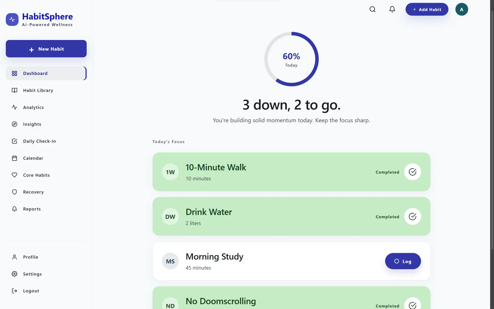HabitSphere dashboard showing daily completion progress and habit check-ins