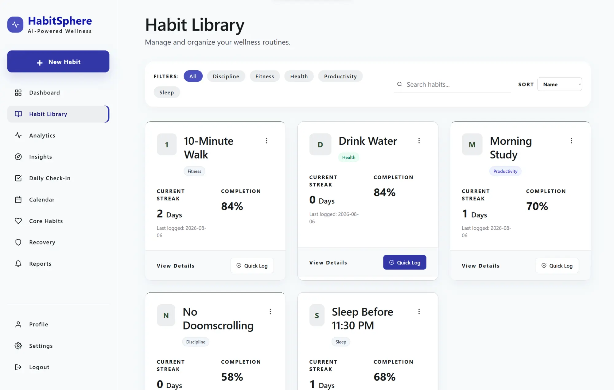 Habit library with current streaks, completion rates, and quick logging