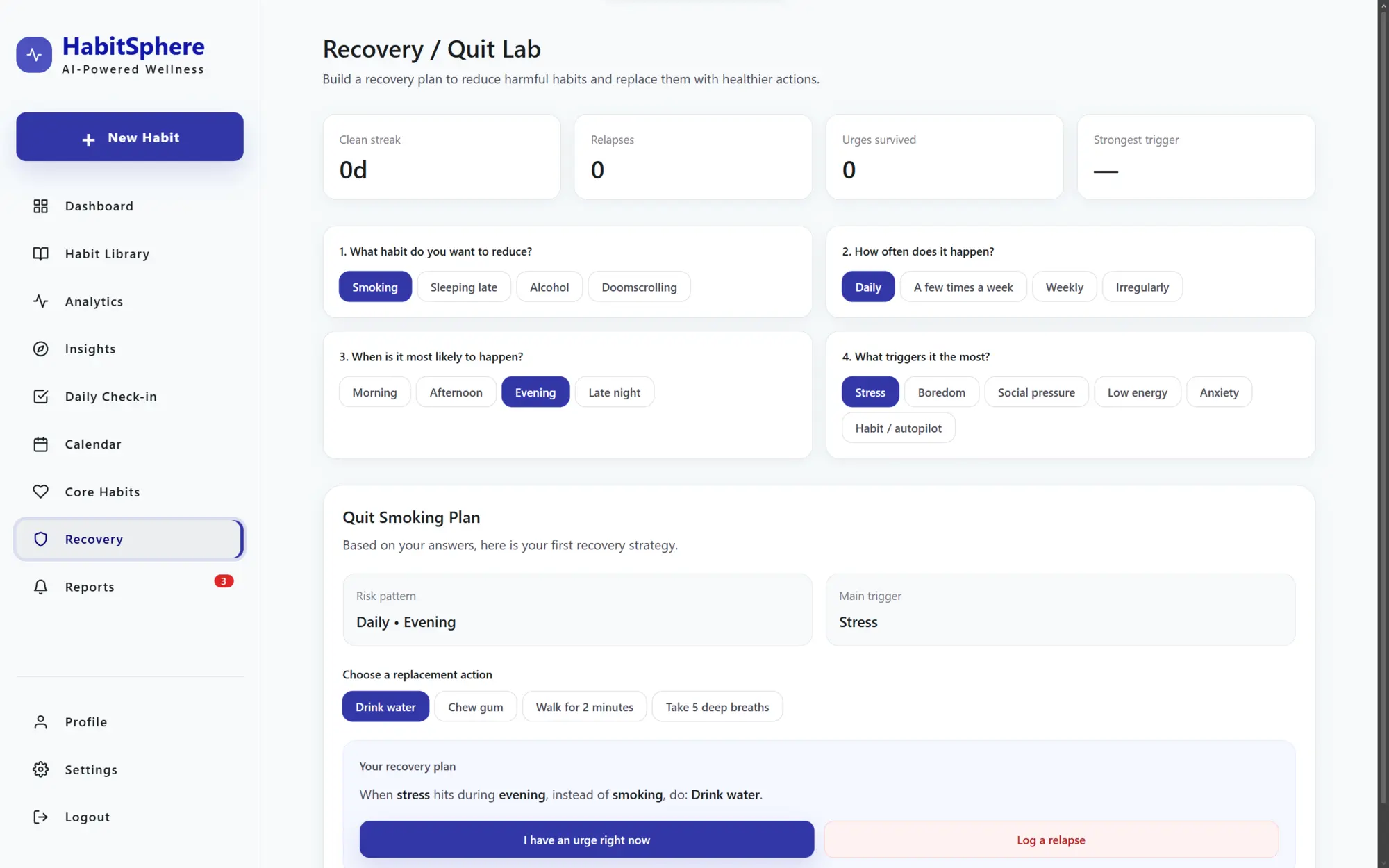 Recovery and quit lab for creating a structured plan around an unhealthy habit