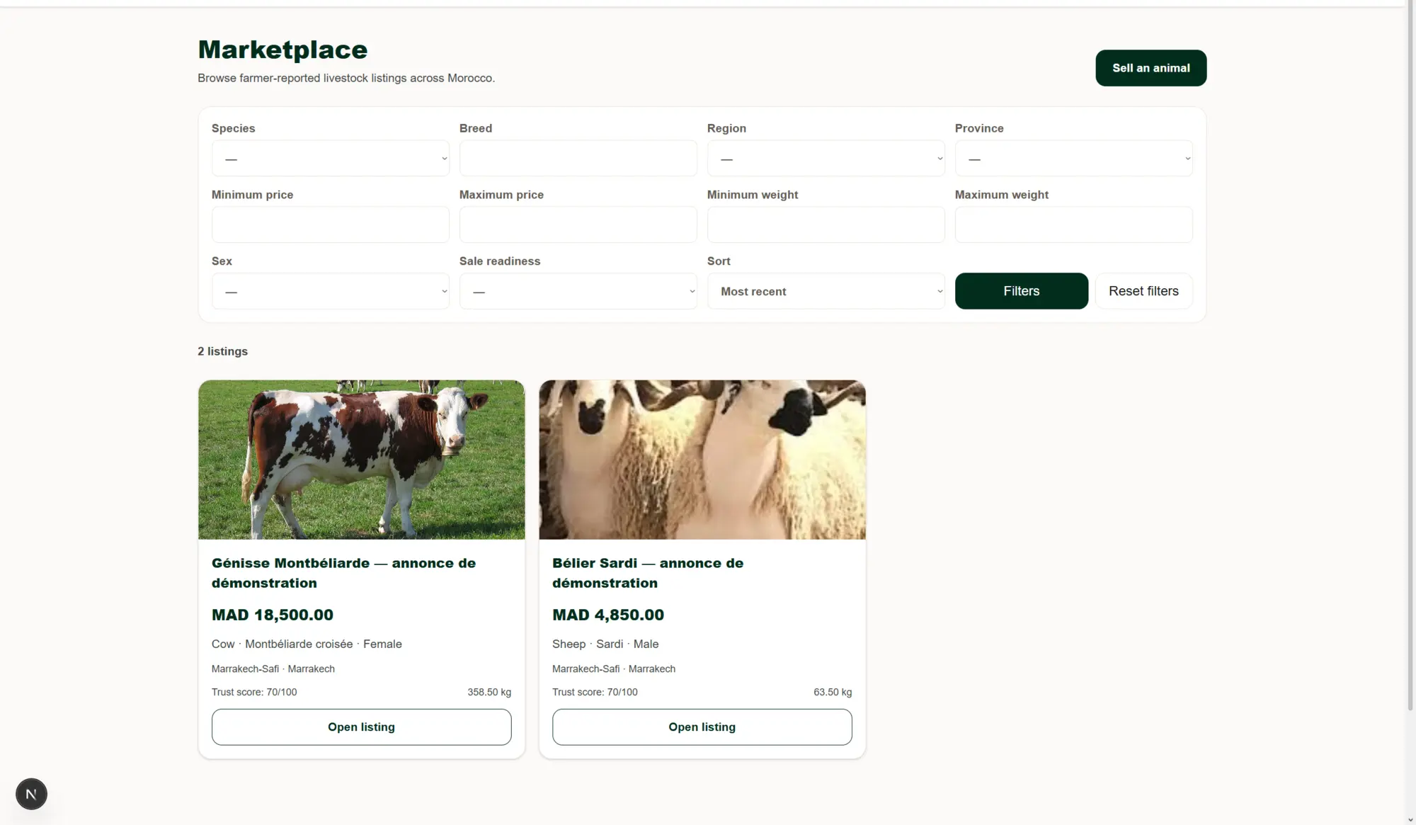 Livestock marketplace with filters and verified listings