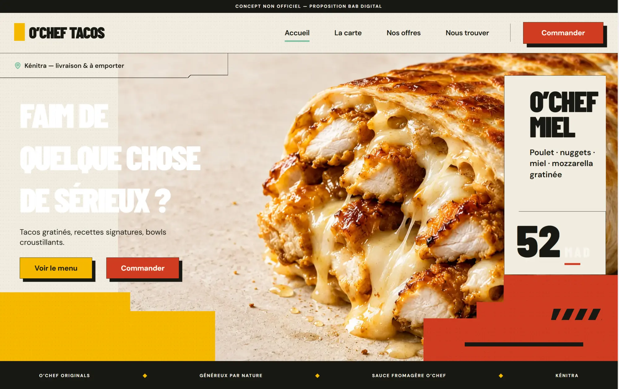 O’Chef Tacos hero with bold typography, product photography, price, and order actions