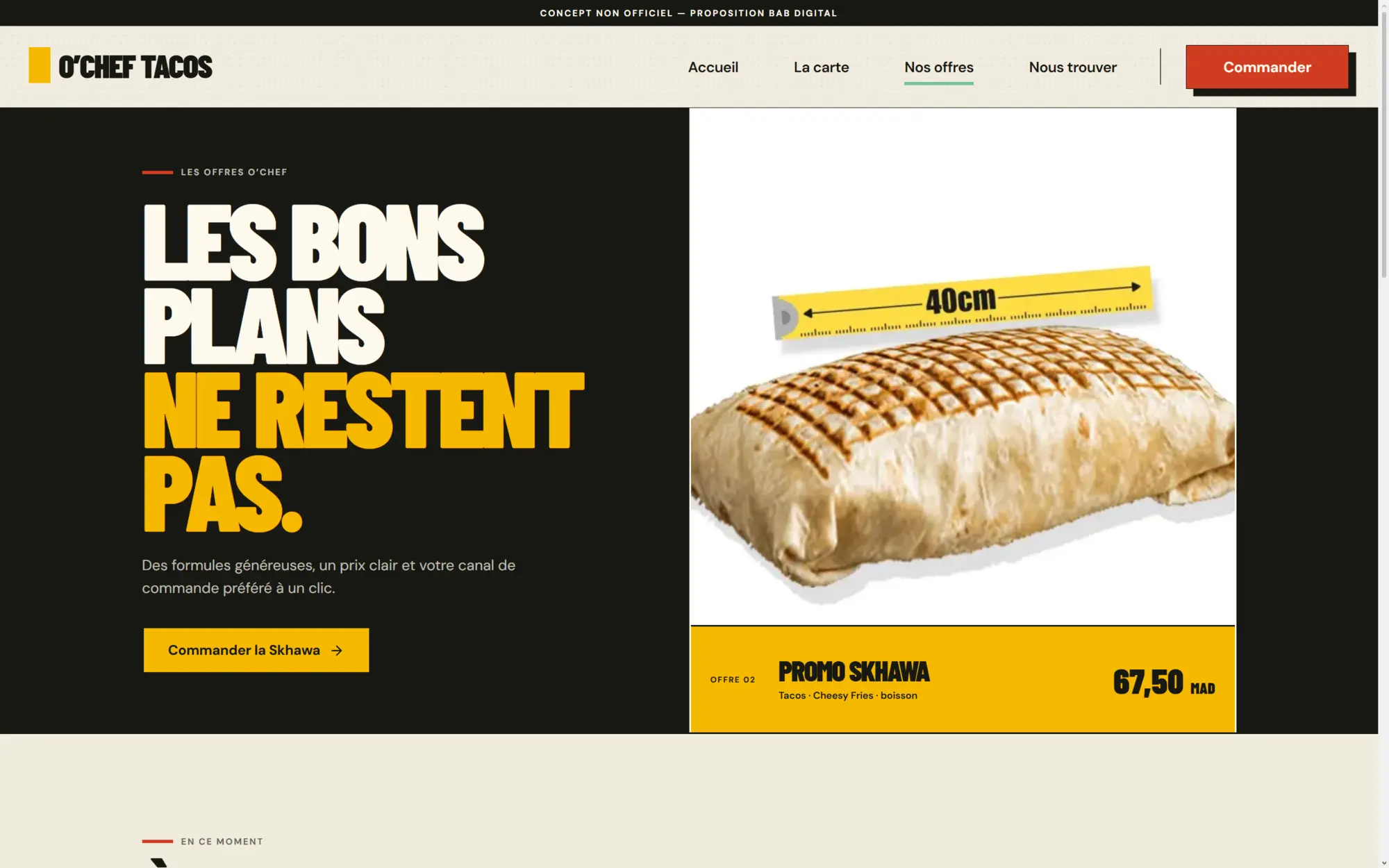 Restaurant offer section with promotional product and direct order action
