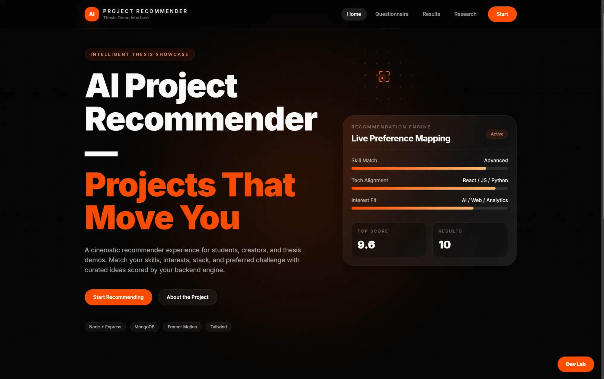 AI Project Recommender landing page with preference mapping summary