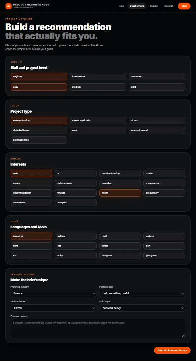 Structured project recommendation questionnaire on mobile